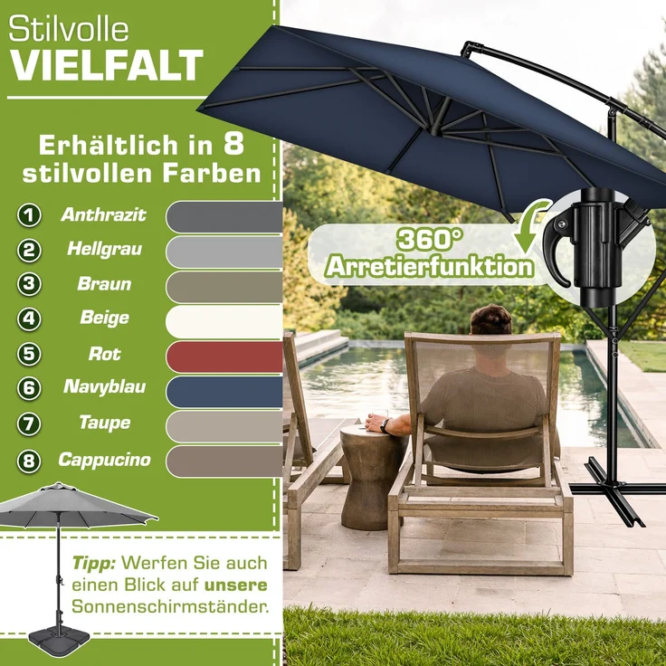tillvex® Alu Sonnenschirm Rechteckig Ø 330 cm Navy-Blau + Abdeckung mit Kurbel | Ampelschirm Eckig mit Ständer & Windschutz | Gartenschirm UV-Schutz Aluminium | Kurbelschirm Marktschirm wasserdicht 360° drehbar – Bild 5