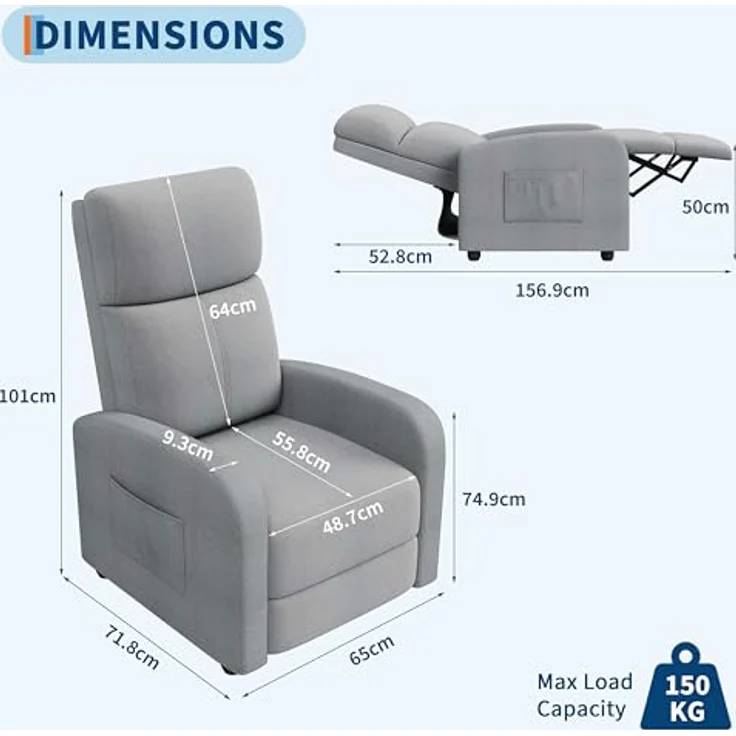 GarveeHome Relaxsessel Fernsehsessel Ruhesessel Liegesessel mit Liege-Funktion Polstersessel Leinen verstellbar Einzelliegesessel Wohnzimmer Schlafzimmer Heimkino (Grau3) – Bild 3