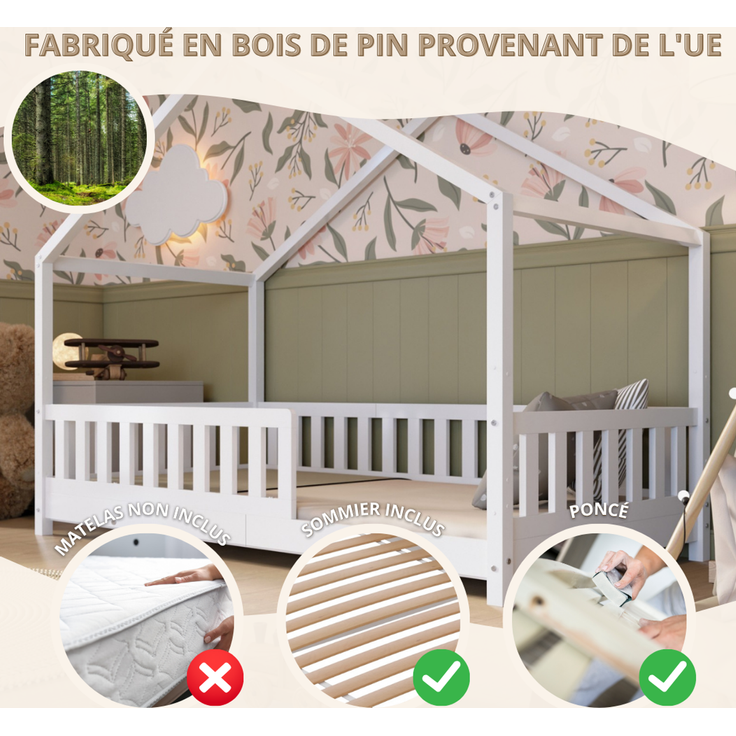 Crazy Pine 'Crazy House' Hausbett mit abnehmbaren Rausfallschutz, Naturholz, Weiß, 90x190 cm, mit Höhenverstellbaren Beinen – Bild 4