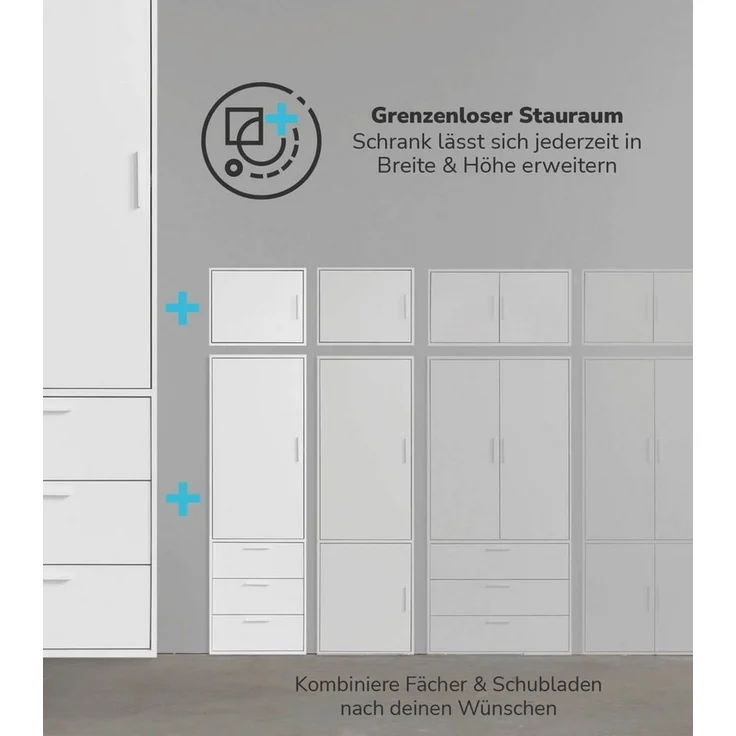 mokebo Kleiderschrank Der Grenzenlose (3-Türig & 3 Schubladen) Garderobenschrank, Schlafzimmerschrank oder Schrank groß in Weiß – Bild 2