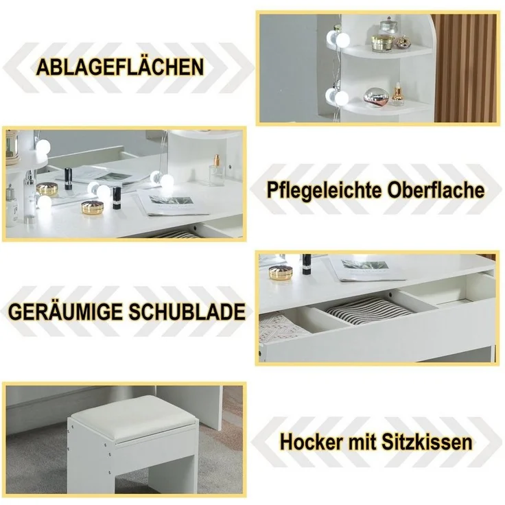 Thanaddo Schminktisch Schminktisch mit LED-Beleuchtung,Praktischer Kosmetiktisch (1 Tisch mit Hocker), Breite 105 cm – Bild 2