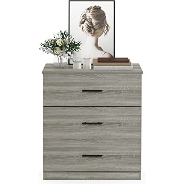 Furinno Tidur Schlichtes Design Kommode mit 3 Schubladen und Griff, Französische Eiche Grau – Bild 7