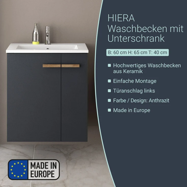 BADEDU HIERA Waschbecken mit Unterschrank 60 cm breit, Anthrazit, Waschbecken Keramik Weiß – Bild 2