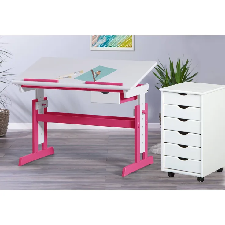 Kinderschreibtisch PIJII Pink weiß + Rollcontainer Simon Komplettset