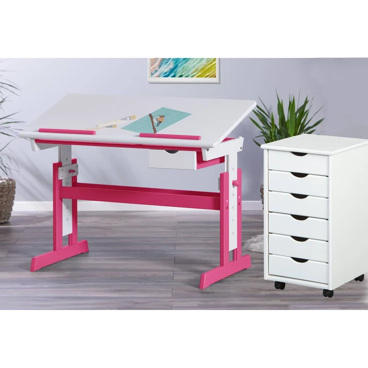 Kinderschreibtisch PIJII Pink weiß + Rollcontainer Simon Komplettset