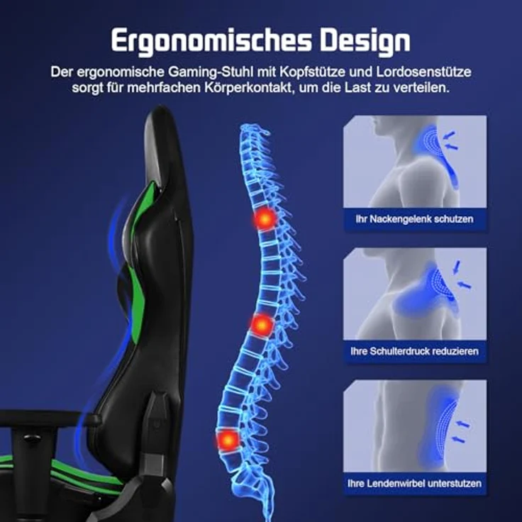 Homimaster Gaming Stuhl, Bürostuhl Ergonomisch mit verstellbare Lendenkissen, Kopfkissen und Armlehnen, Gaming Chair Gepolstert, Gamer Stuhl Wippfunktion, Gaming Stuhl 150 kg Belastbarkeit – Bild 6