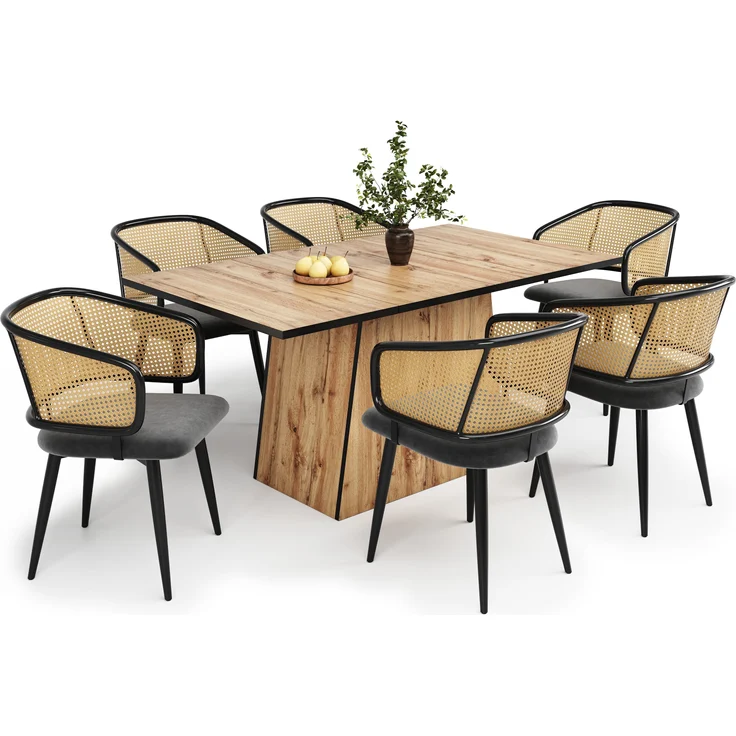 6 Esszimmerstühle mit Rattan-Rückenlehne & Samtkissen, 47x47x79 cm, Grau – Bild 3
