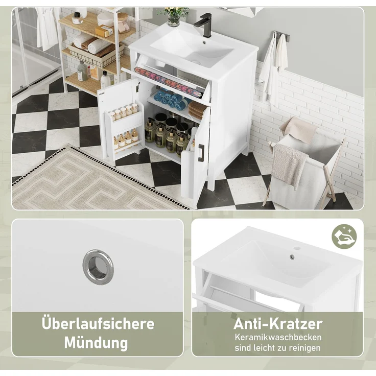 60 x 46 x 84,8 cm Bodenstehender Badezimmerschrank mit Waschbecken,Waschtisch,Volllackierung, Doppeltürregale, praktische Schubladen, verstellbare Regale, integriertes Keramikwaschbecken,weiß – Bild 9