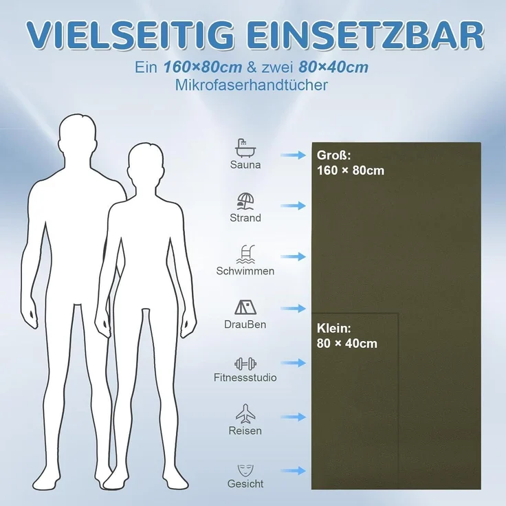 Handtuch Mikrofaser 3er 160x80 2x80x40 Strand Sport Reise Armeegrün – Bild 4