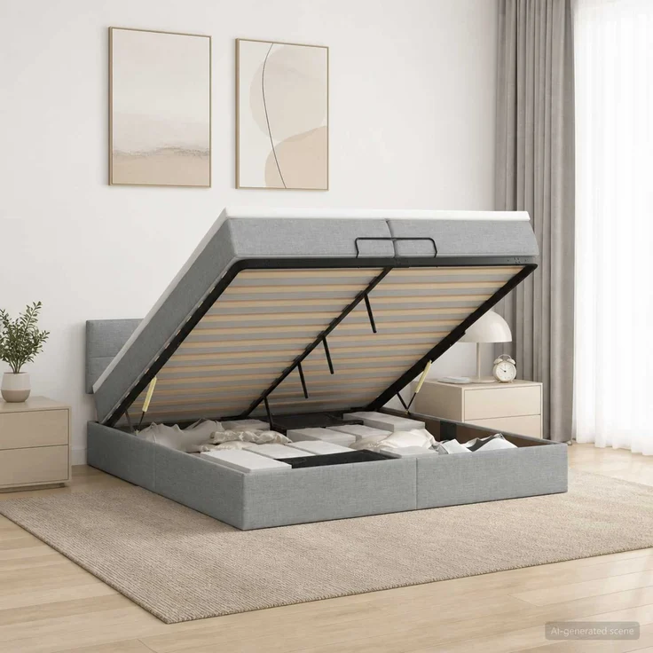 vidaXL Ottoman-Bett mit Matratze und LED Hellgrau 200 x 200 cm Stoff 3456933 – Bild 4