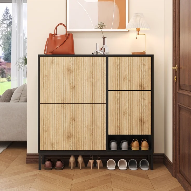 Schuhschrank aus MDF mit ausziehbarer Sitzbank & Klappen, 100x25x100 cm, Schwarz/Natur – Bild 4