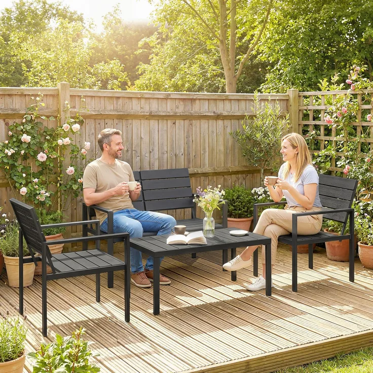 Wohnora-Gartenmöbel Set Sitzgruppe für 4 Personen Gartenlounge mit 2er Sofa 2 Sessel Beistelltisch Lamellendesign Schwarz,H 765cm x T 104cm x B 71cm
