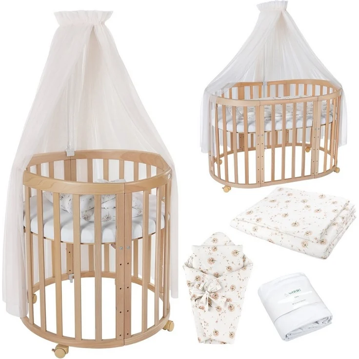 Waldin Babybett Mobiles Babybett OWAL aus Holz 7in1 mit Matratze, mitwachsend – Bild 1