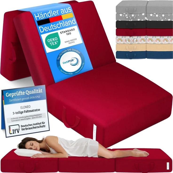 Bestschlaf 'ELONEO' Klappmatratze für Erwachsene, waschbarer Bezug, Polyester Rot, 90 x 200 cm – Bild 1