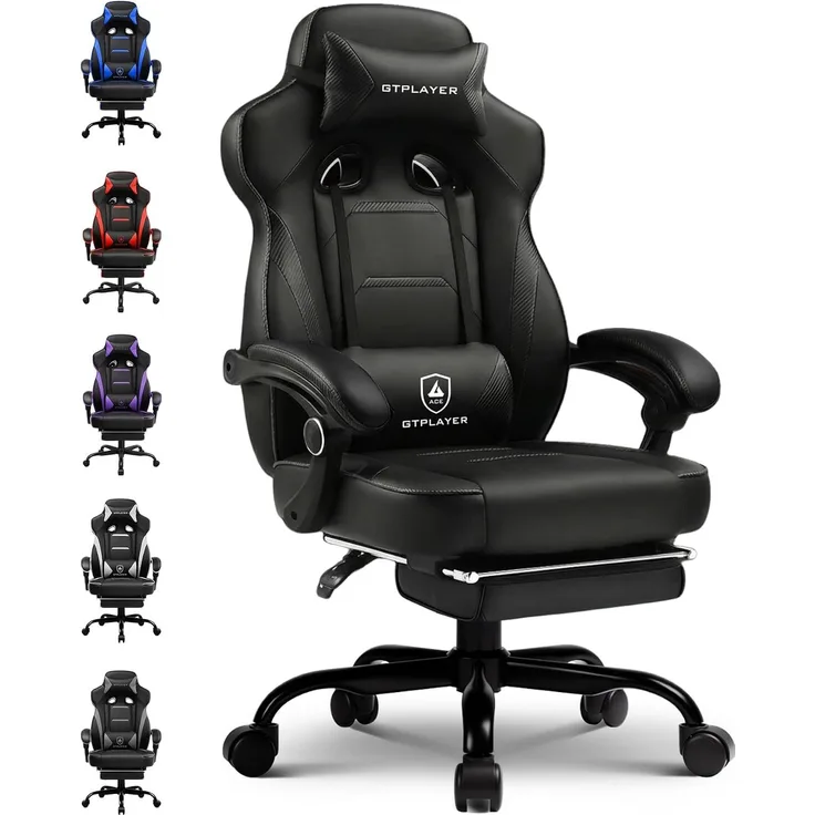 GTPLAYER Gaming Stuhl mit Fußstütze, Ergonomischer Bürostuhl 180kg, Schwerlast Gaming Sessel mit Lendenwirbelstütze und Kopfstütze, Höhenverstellbarer Computerstuhl, Gepolstert, neigbare 155°, schwarz