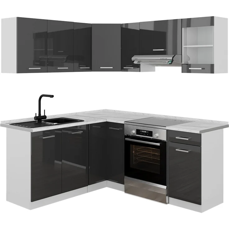 Eckküche R-Line Anthrazit Hochglanz/Weiß 187 x 167 cm, AP Marmor Vicco – Bild 1