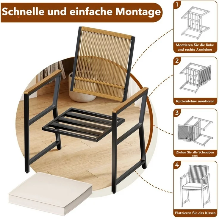TLGREEN Gartenstuhl Rattan,Wetterfest, Balkonstuhl mit WPC Armlehne, (Outdoor Stuhl mit abnehmbar Kissen, Essstühle aus Metall, 2 St), bis 160 kg belastbar, für Terrasse, Garten, Balkon,Pool – Bild 4