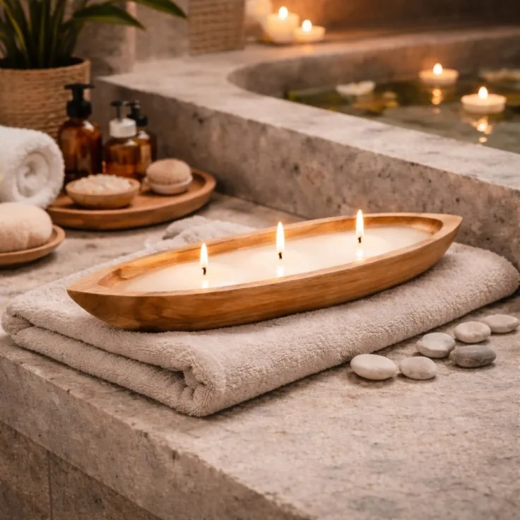 Individuelle CERO-Boat Kerzenschale aus Teakholz 60 cm | Natur Kerze Unikat