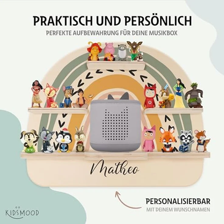 Kidsmood - Tonie Regal personalisiert mit Namen – Wandregal für Toniebox 2 & Figuren | Abgerundete Ecken & Kanten Inkl. Metallplättchen für Tonie Hörfiguren | Kinderzimmer Regal für Mädchen & Jungen – Bild 6