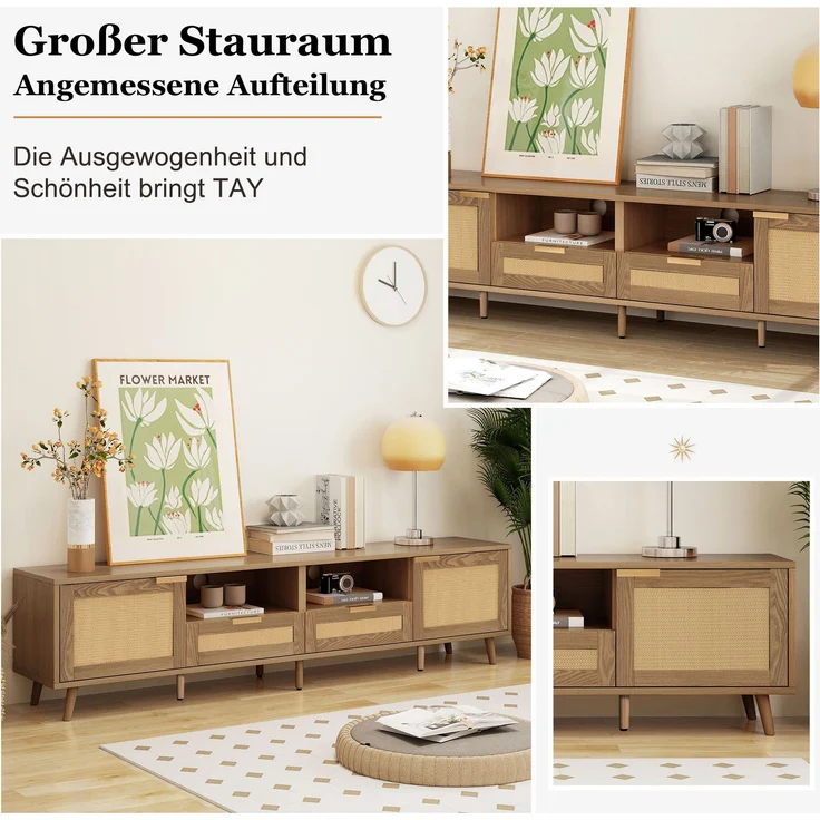 TV-Schrank, Rattan-Design, mit 2 Türen, 2 Schubladen & höhenverstellbaren Füßen, 200x37x49 cm, Eiche – Bild 8