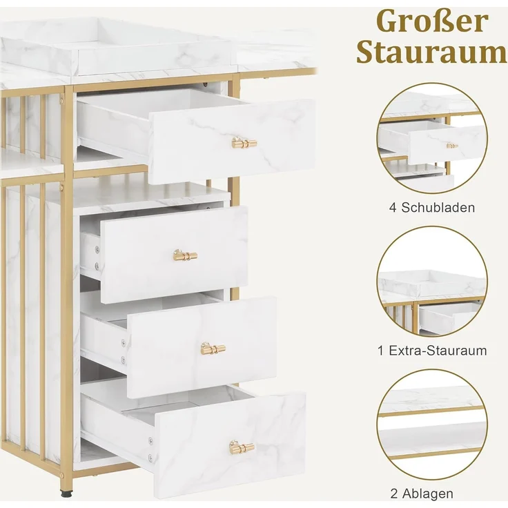 M MCombo Doppelnageltisch mit Schubladen, Schreibtisch mit Regal, Manikürtisch, Schminktisch ohne Spiegel Wohnzimmer Modern, Marmor-Weiß Gold, 2413 – Bild 5