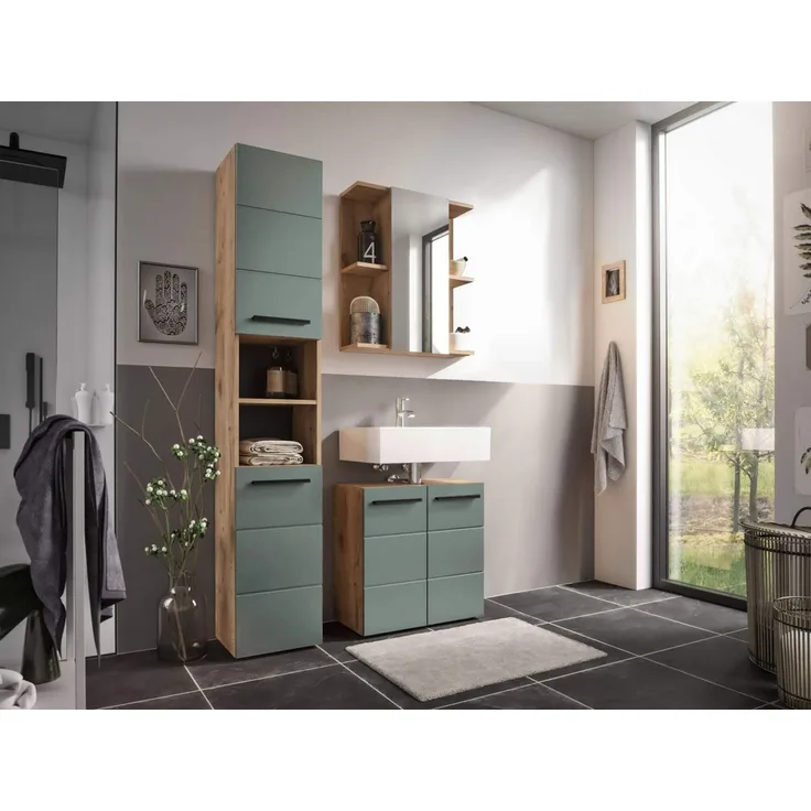 moebel-dich-auf Badezimmer-Set VALENCIA, (Hochschrank, Waschbeckenunterschrank, Spiegelschrank, MDF-Fronten tiefgezogen, Korpus melaminbeschichtet)
