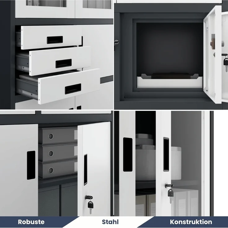 Vitrinenschrank abschließbar GEDO - mit Tresor & Schubladen| Büroschrank aus Stahl Aktenschrank mit Glasfenster Metallschrank Mehrzweckschrank, 185x90x40cm Anthrazit-Weiß – Bild 4