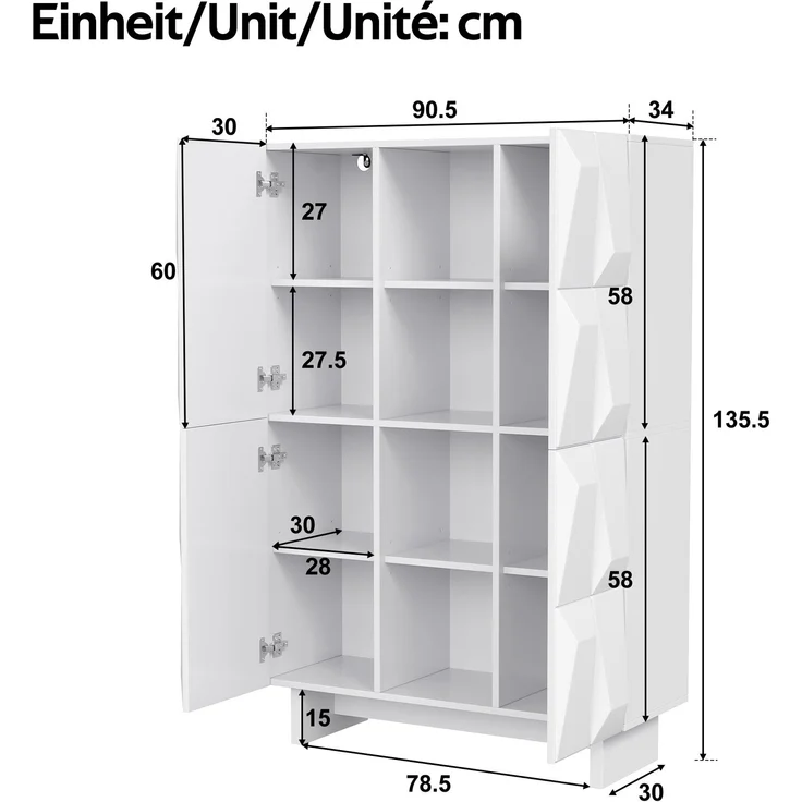 EINHOM Vitrine Schuhschrank Hochschrank Spanplatte Relief 4 Türen 12 Fächer Offene Fächer Wohnzimmer Flur – Bild 2