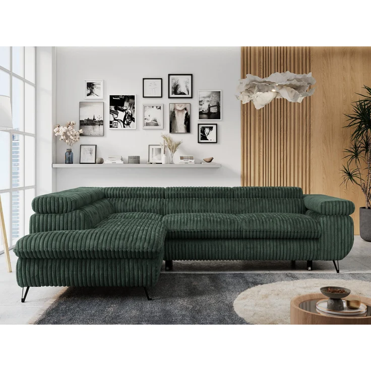 Mks Möbel 'Peter L-form' Ecksofa mit Bettfunktion, Bettkasten & einstellbaren Kopfstützen, Grün, Cord, mit Topper, links – Bild 2