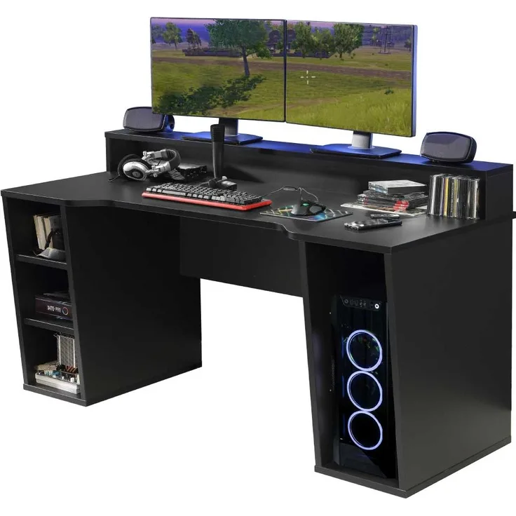 Gamer-Schreibtisch Tyrion / Tezaur, Schwarz, 160 x 91 x 72 cm