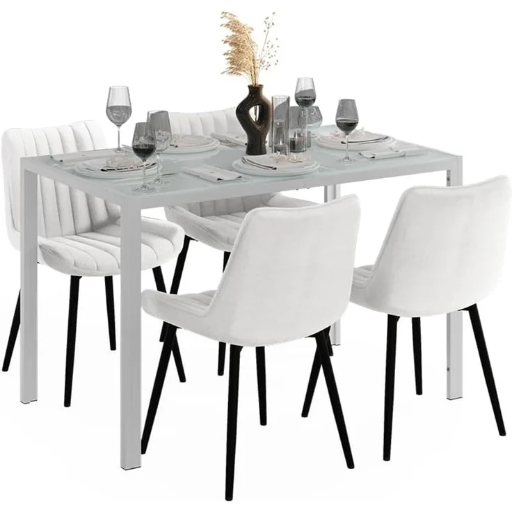 Esstisch Set Grand Weiß 120x70 cm mit 4 Stühlen (Beige) Vicco – Bild 5