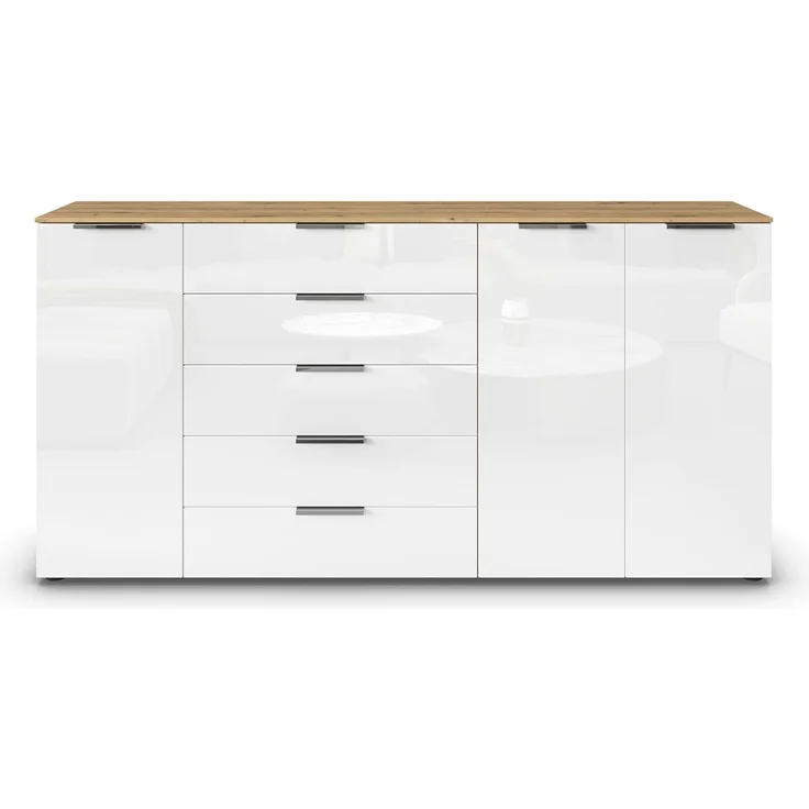 Rauch Möbel Flipp, Kombikommode, Kommode mit Stauraum für Wohnzimmer, Schlafzimmer, Flur, 4 Fachböden, Eiche Artisan/Glasfront Weiß, 3-türig, Glastüren, 5 Schubkästen, Griffe chrom, 199 x 100 x 42 cm – Bild 4
