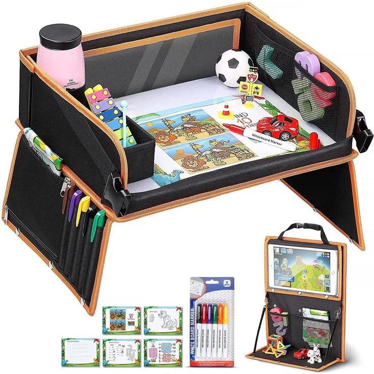 lenbest Doppelfunktion Kinder Reisetisch, Knietablett Reisetisch（Auto Rückenlehnenschutz） mit Transparenter Zeichnungsfilm, 5 Zeichnungsplatten und 6 Farbpens - Schwarzes/Orange
