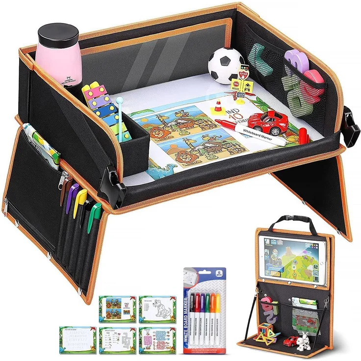 lenbest Doppelfunktion Kinder Reisetisch, Knietablett Reisetisch（Auto Rückenlehnenschutz） mit Transparenter Zeichnungsfilm, 5 Zeichnungsplatten und 6 Farbpens - Schwarzes/Orange