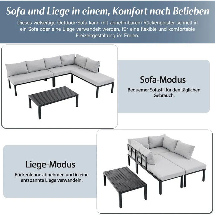 Merax 6-Sitzer Gartenmöbel-Set, Garten-Loungesessel-Set mit verzinktem Eisenrahmen, verstellbare Beine, abnehmbare Rückenlehne, grau – Bild 6