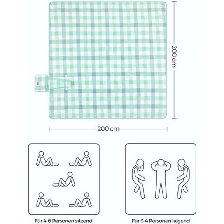 Songmics Picknickdecke, wasserdicht, maschinenwaschbar & faltbar, Polyester grün / weiß, 200 x 200 cm – Bild 2