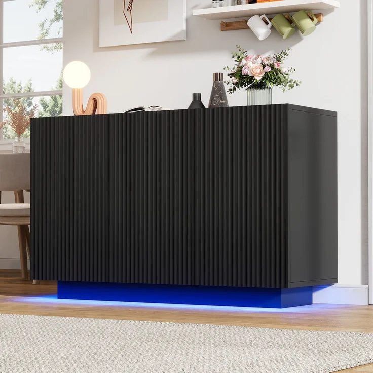 Merax LED Kommode Modern Design Sideboard mit Beleuchtung Schwarz Wohnzimmerschrank Bluetooth Steuerung Vertikale Streifen Anrichte 120cm Aufbewahrungsschrank – Bild 3