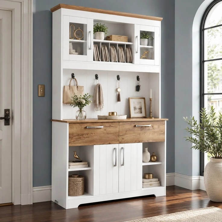 DESVIAE Sideboard mit Vitrinenfächern und 2 Schubladen 106x176,5x39 cm Spanplatte Weiß/Holzfarben – Bild 2