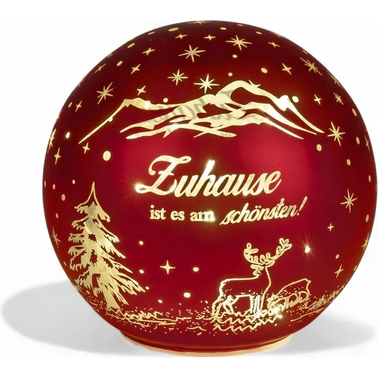 formano LED Deko-Kugel 12cm Rot mit Spruch Zuhause ist es am Schönsten Glaskugel aus mattem Farbglas und goldener Innenfarbe - Herbst Winter Weihnachtsdeko für Tisch Regal Fensterbank