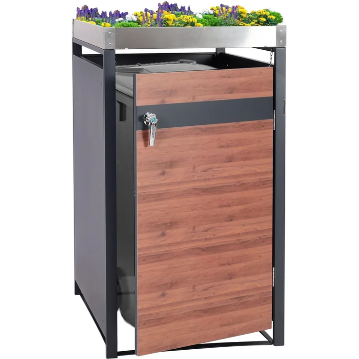 1er Mülltonnenverkleidung mit Pflanzkasten HWC-J82, erweiterbar, Metall 37kg, anthrazit ~ Kirsche-Holzoptik dunkelbraun – Bild 1