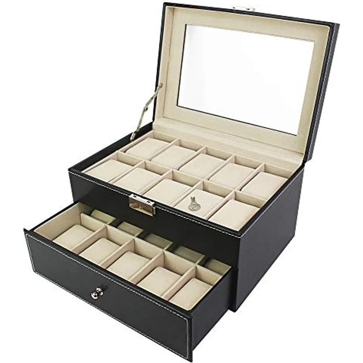 Todeco - Uhrbox, Uhr und Armband Aufbewahrung - Material der Box: MDF - Kissenmaterial: Samt - 20 Uhren mit Schublade und Display, Schwarz/Beige