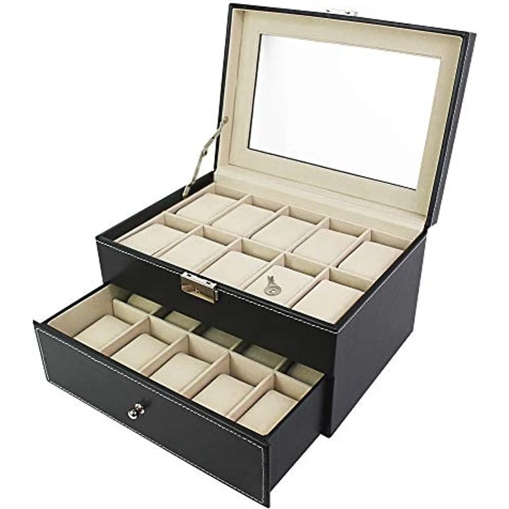 Todeco - Uhrbox, Uhr und Armband Aufbewahrung - Material der Box: MDF - Kissenmaterial: Samt - 20 Uhren mit Schublade und Display, Schwarz/Beige – Bild 1