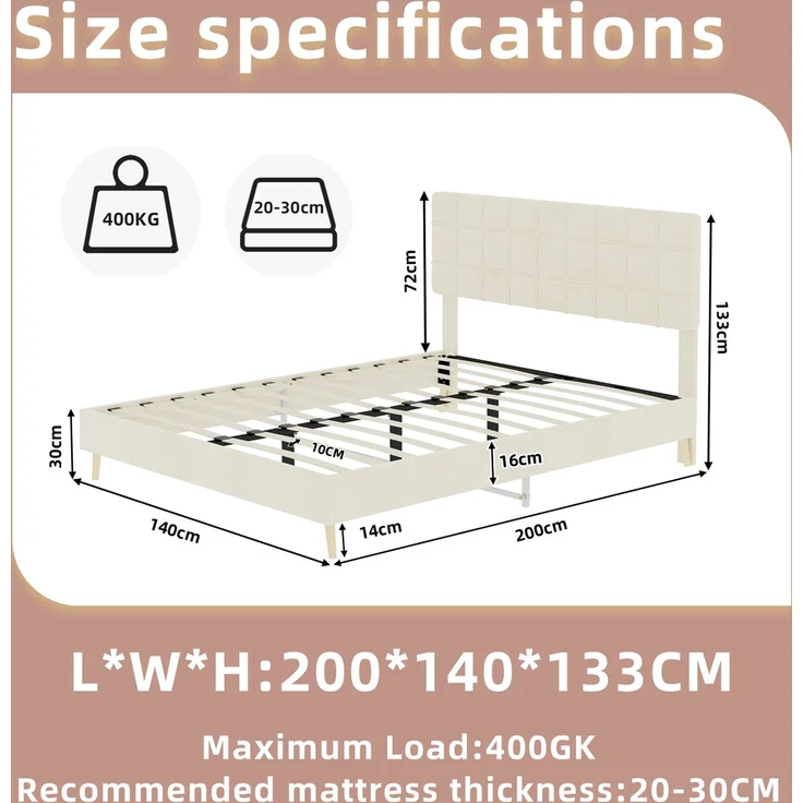Novelux Polsterbett 140x200 cm mit Kariertem Kopfteil & Holzfüßen – Modernes Doppelbett aus Verschleißfestem Stoff, Massivholzrahmen, für Schlafzimmer, Beige – Bild 2