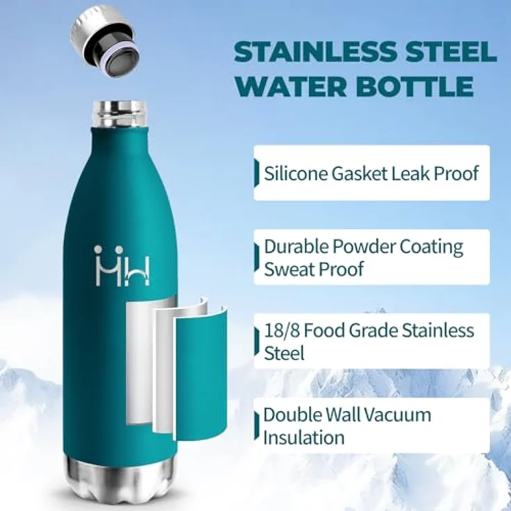 HoneyHolly Edelstahl Trinkflasche, 1L Thermosflasche, BPA-Frei, Trinkflaschen Sport, Auslaufsicher Wasserflasche, Trinkflasche Kohlensäure Geeignet, Thermoskanne für Gym, Fitness, Fahrrad – Bild 3
