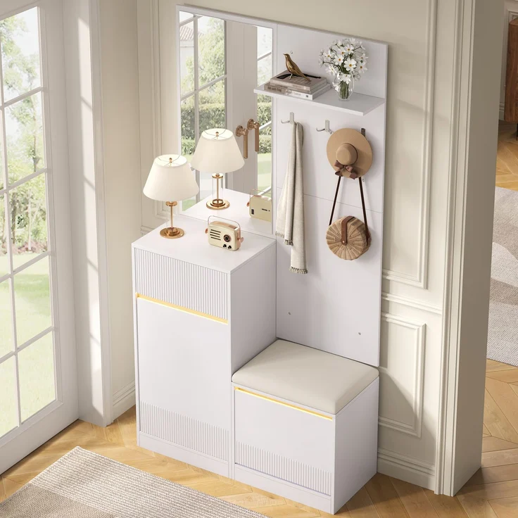 Garderobe,Kompaktgarderobe, Flurgarderobe, Garderoben Set, Schuhschrank, Schuhbank, Schuhkipper, Garderobe mit Spiegel,LED Garderobe(Not a one-piece product, holes need to be drill on the wall)--Weiß--105x38x190cm--YOUDENOVA – Bild 7