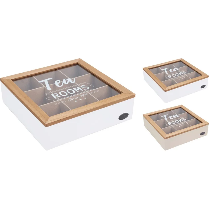 Koopman Teebox Teekasten Teekiste 9 Fächer MDF 24x24x7 cm Aufbewahrung, Holz, (1-tlg), Teekiste, mit Klappdeckel, Teeaufbewahrung, 24x24x7cm, Holzkiste – Bild 2