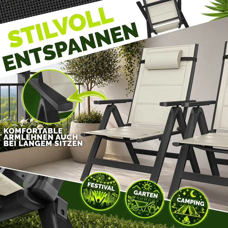 tillvex Gartenstuhl mit Polster Premium 6 Stück Beige klappbar aus Aluminium | Hochlehner mit Armlehnen | Klappstuhl verstellbar | Klappsessel Balkon Garten Terrasse – Bild 4