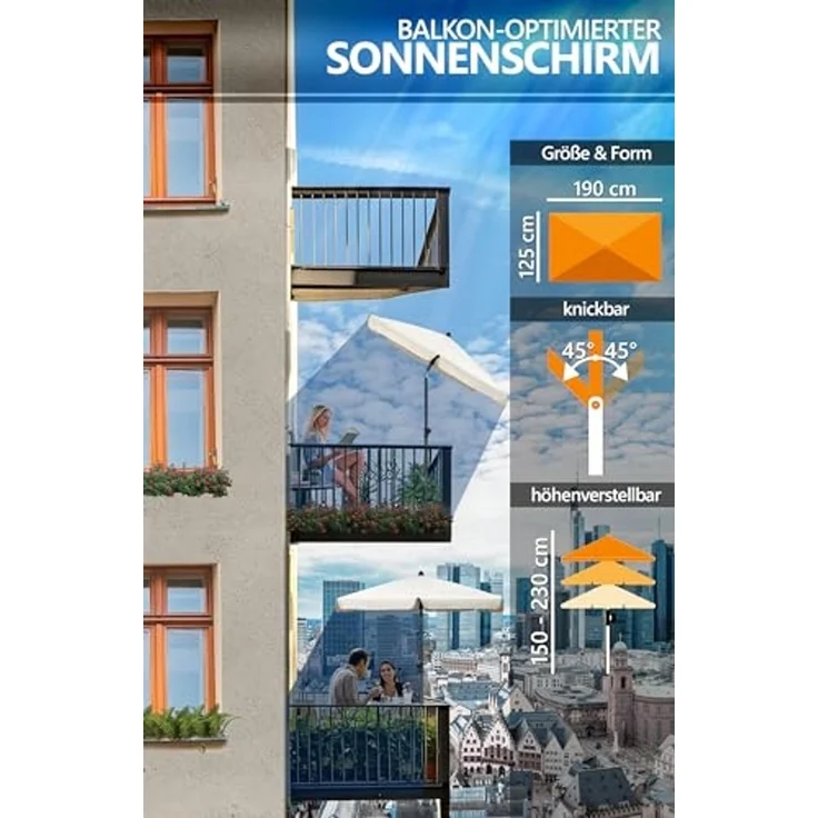 4smile Sonnenschirm Balkon in Beige - Sonnenschirm rechteckig 200x125 cm mit UV50+ Sonnenschutz | Balkon Schirm knickbar höhenverstellbar | Robuster Balkonschirm für optimalen Schatten – Bild 5