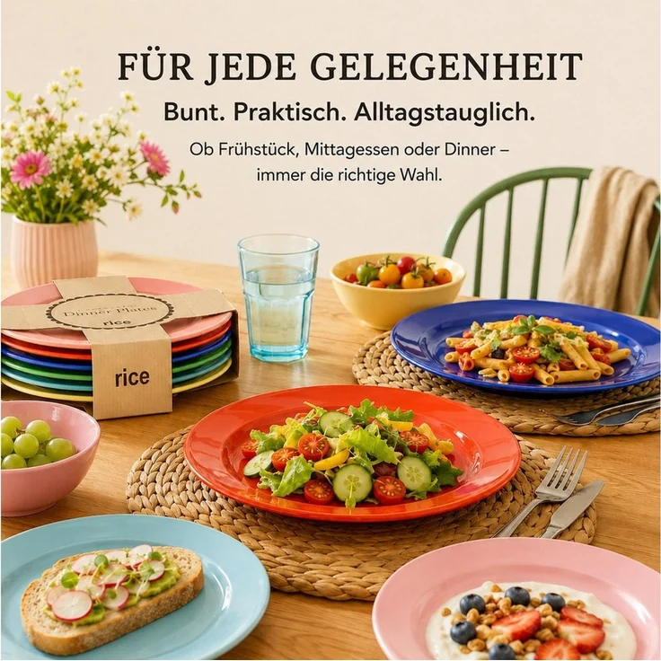 rice Teller-Set Melamin Teller Set Bunt 6er Set leicht für Alltag & draußen (6-tlg), Melamin – Bild 2