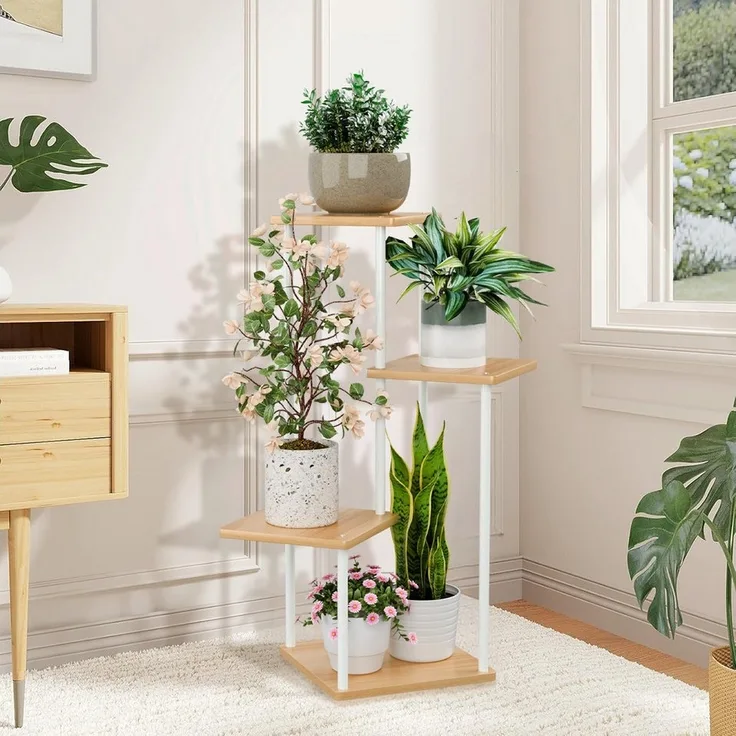 Simloveve Blumenständer Pflanzenständer 4 Etagen Pflanzenregal Blumenregal Outdoor Indoor (Blumentreppe 4 Etagen, Pflanzenständer Metall Holz), Blumenständer für Balkon Deko Garten Wohnzimmer Weiß